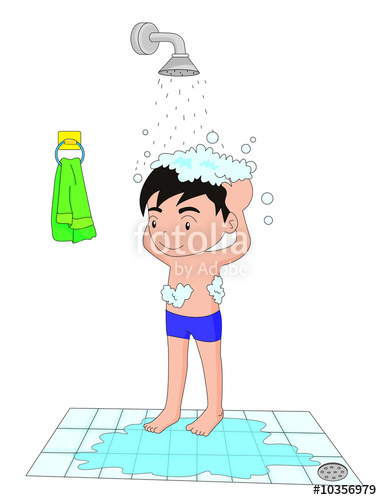 Illustration of a boy taking a shower washing hair