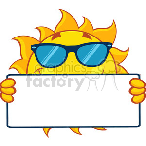 Cute sun cartoon mascot character with sunglasses holding a blank sign  vector illustration isolated on white background clipart