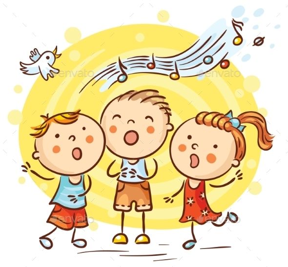 Happy children singing songs, colorful cartoon, vector