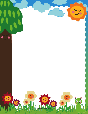 Happy flowers, slugs and a smiling tree stand under a sunny