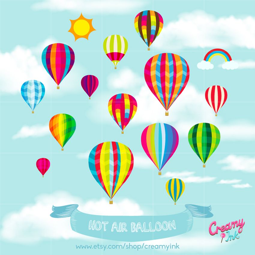 Beautiful sky digital clip art featuring hot air balloon in