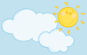 Clipart Illustration of a Cartwoon Sun and Clouds Against a