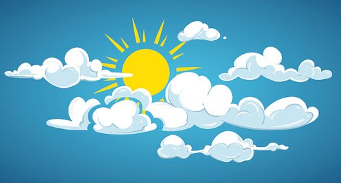 Blue sky, sun and white clouds vector illustration Clipart