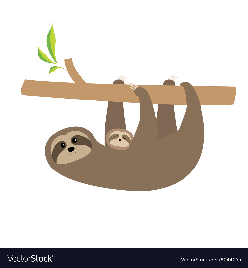 Sloth mother with baby Cute cartoon character Tree