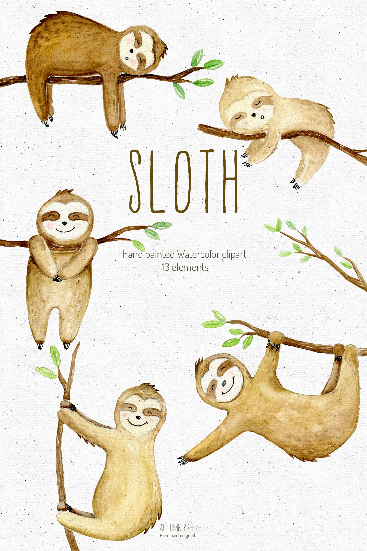 Sloth Clipart, watercolor sloth clip art, watercolor sleepy