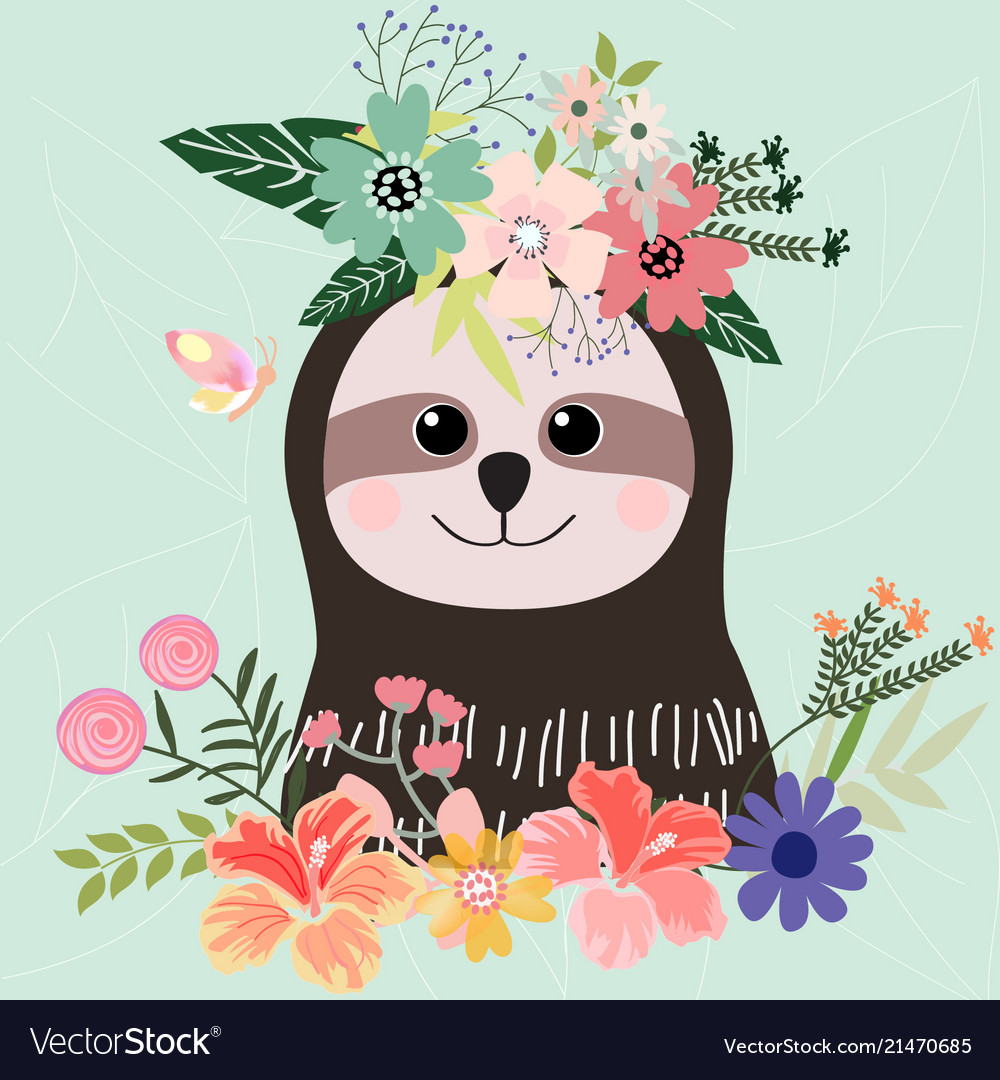 Cute sloth cartoon botanical art