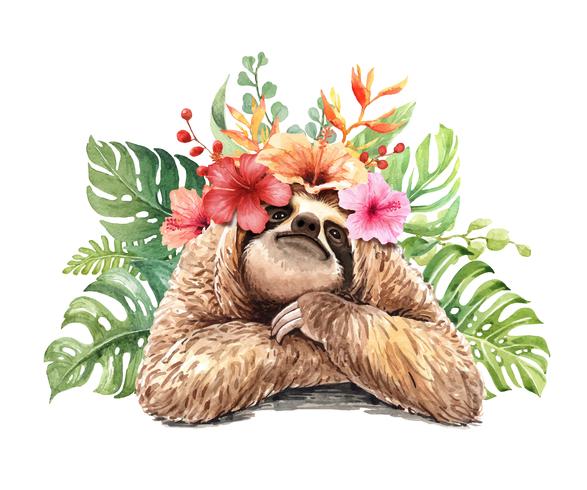Watercolor sloth with tropical flower bouquet
