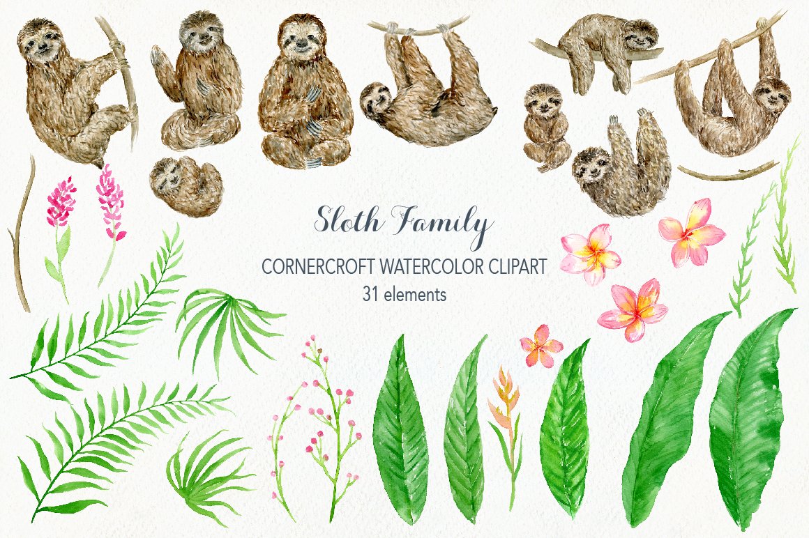 Watercolor sloth clipart for instant download
