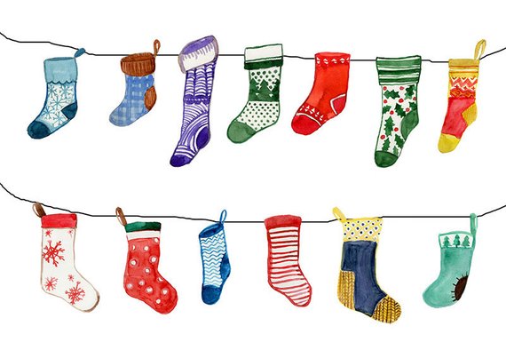 Socks watercolor clipart, christmas sock clipart, winter
