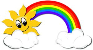 Clip art illustration of a rainbow with puffy white clouds