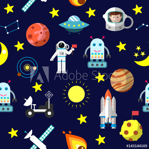 Seamless pattern with space Shuttle, rockets, comet