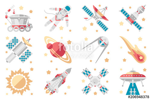 Space icons set, space shuttle, spaceship, orbital satellite