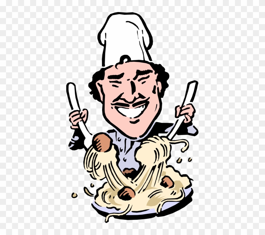 Vector Illustration Of Italian Chef Tosses Pasta Spaghetti