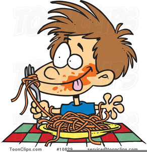 Kid eating spaghetti.