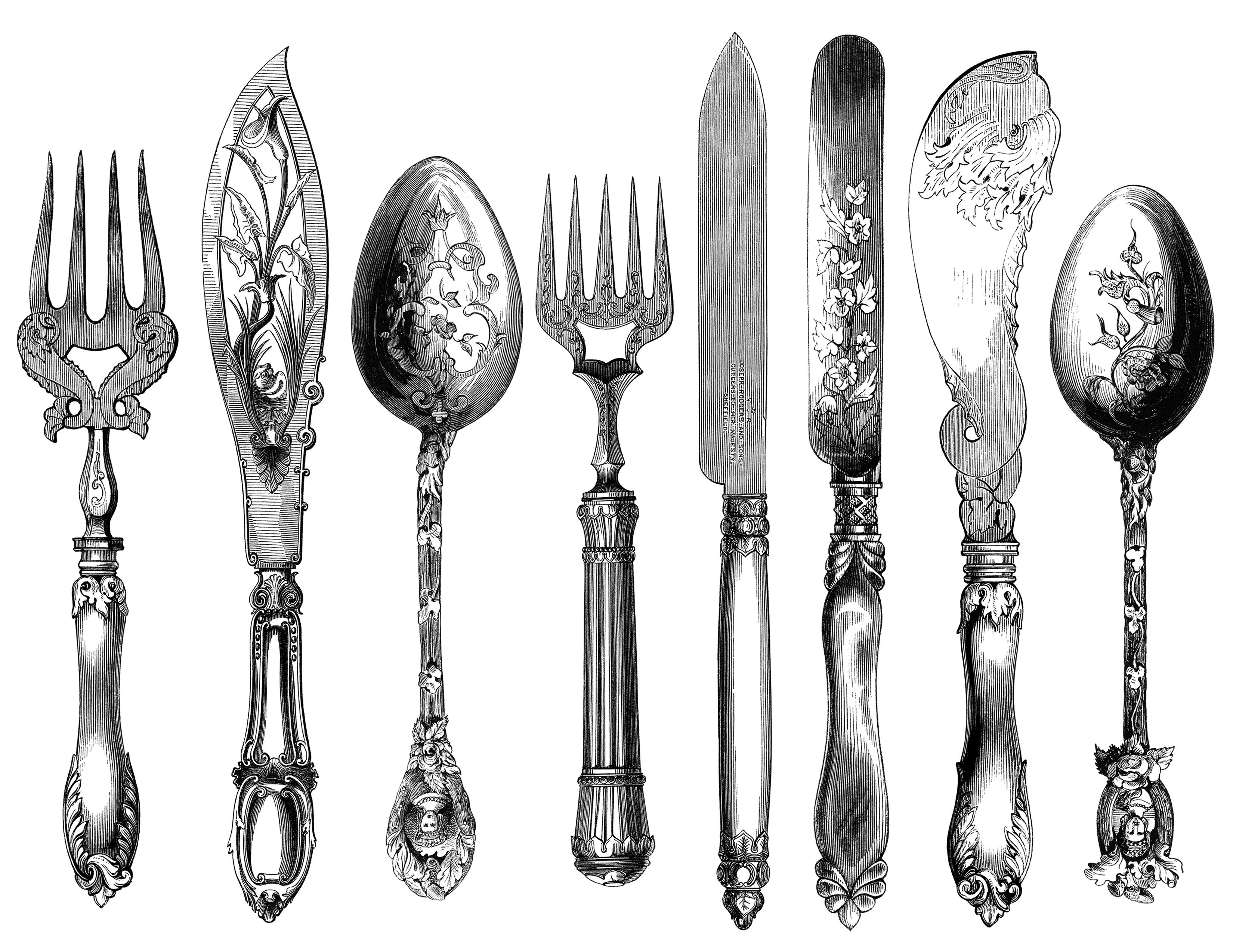 Vintage cutlery clipart, cutlery engraving, fork knife spoon