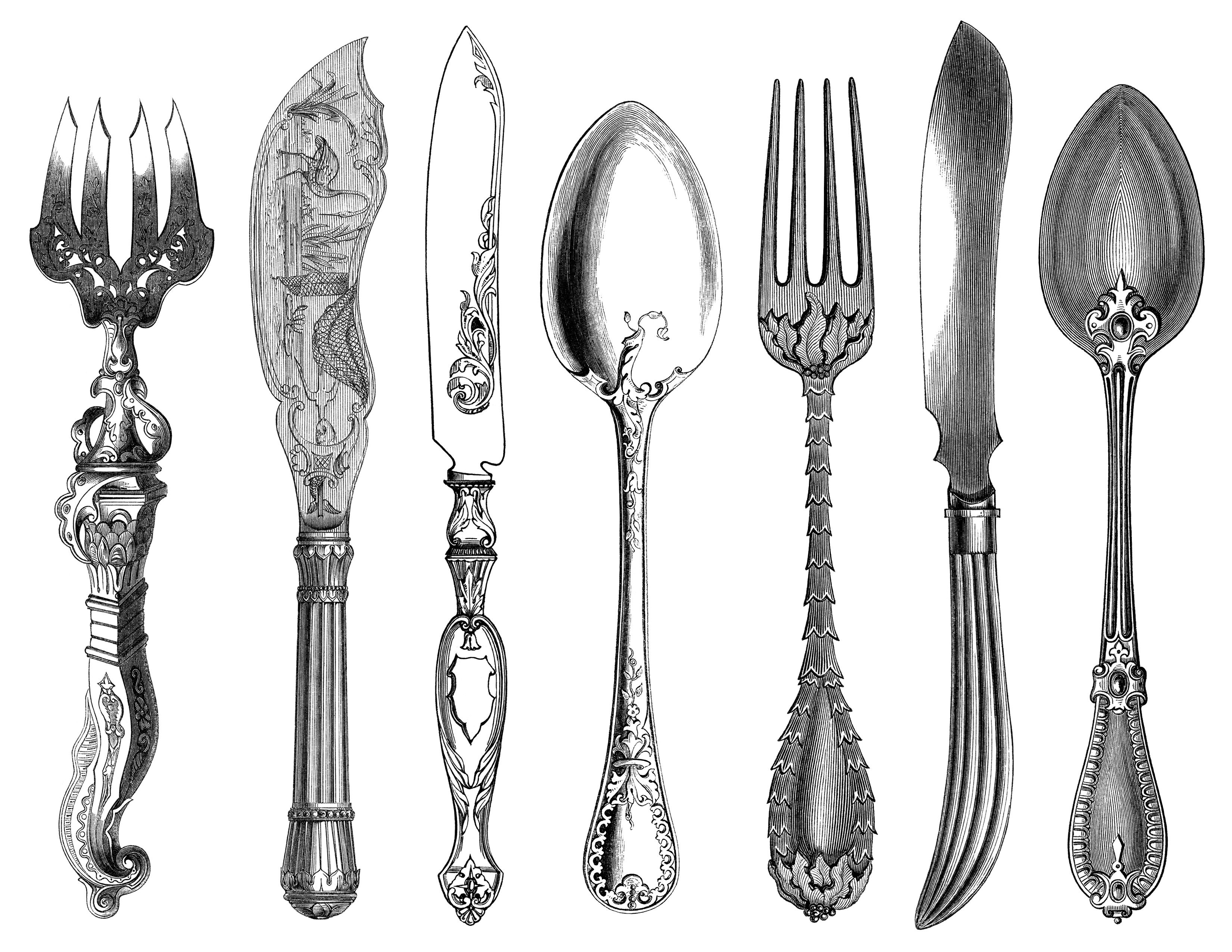 Black and white clip art, kitchen printable, fork knife