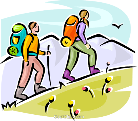 Hikers walking up hill Royalty Free Vector Clip Art