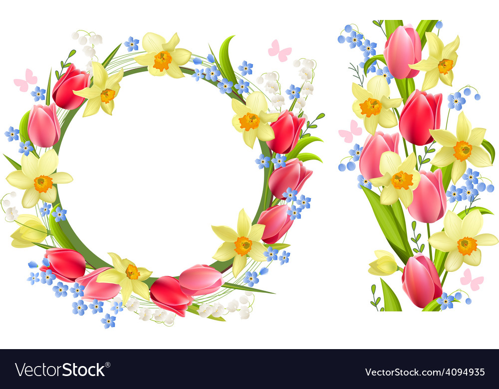 Frame and seamless border with spring flowers