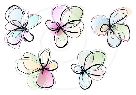 Abstract spring flowers, digital clip art set, ink drawing