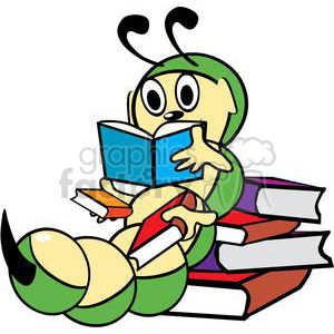 Bookworm reading through a stack of books clipart