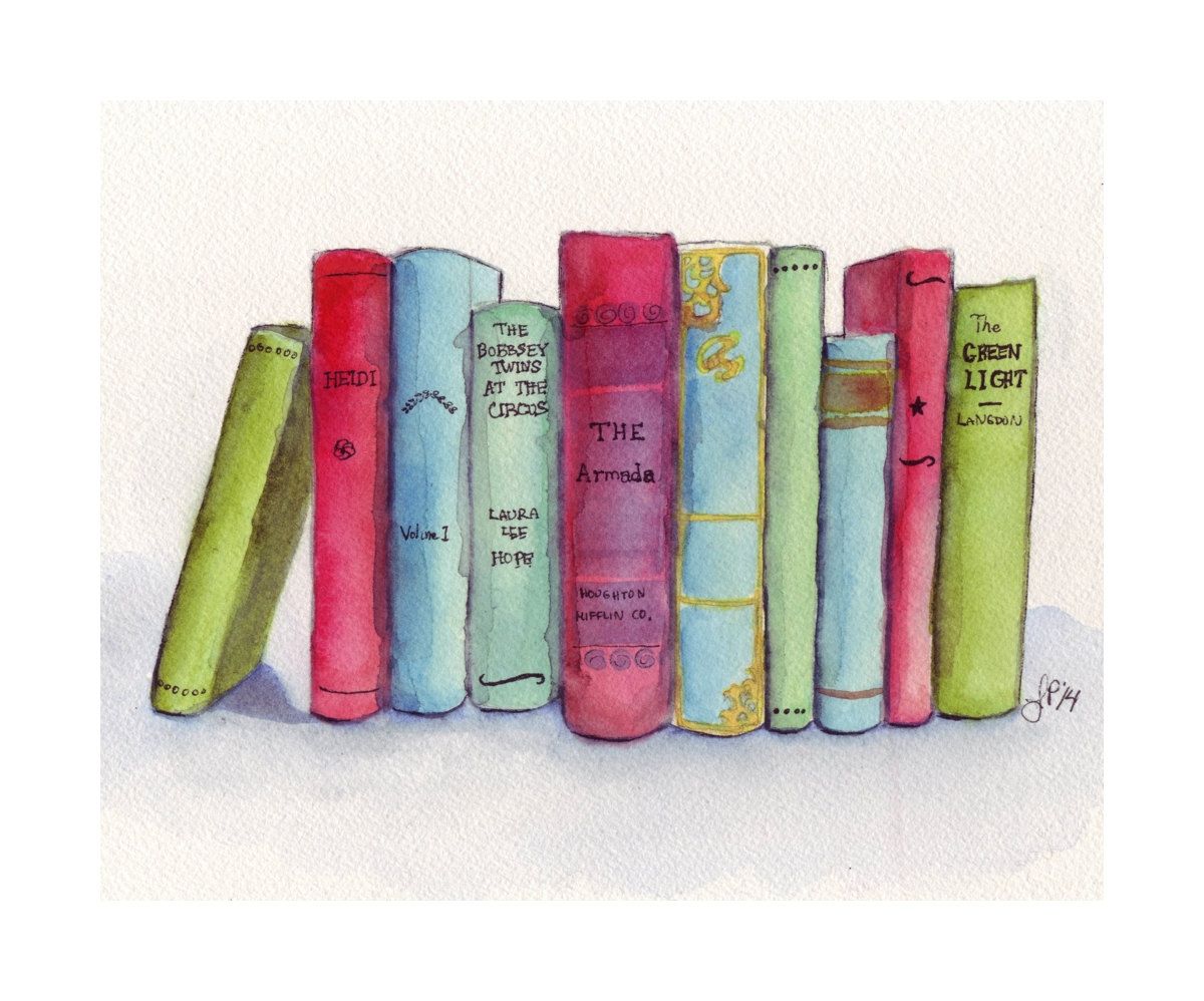 Books Watercolor Painting Print Stack of Books by jojolarue