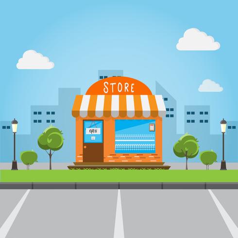 Store front building with big city background