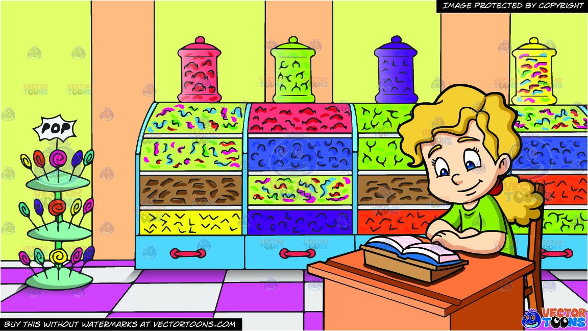 A Girl Studying Quietly and Inside A Candy Store Background