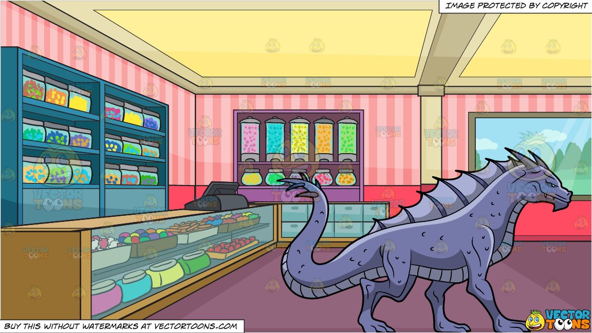 A Violet Dragon and Inside A Candy Shop Background