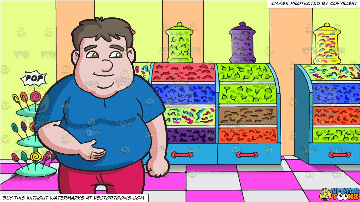A Fat Man Looking Happy After Meal and Inside A Candy Store