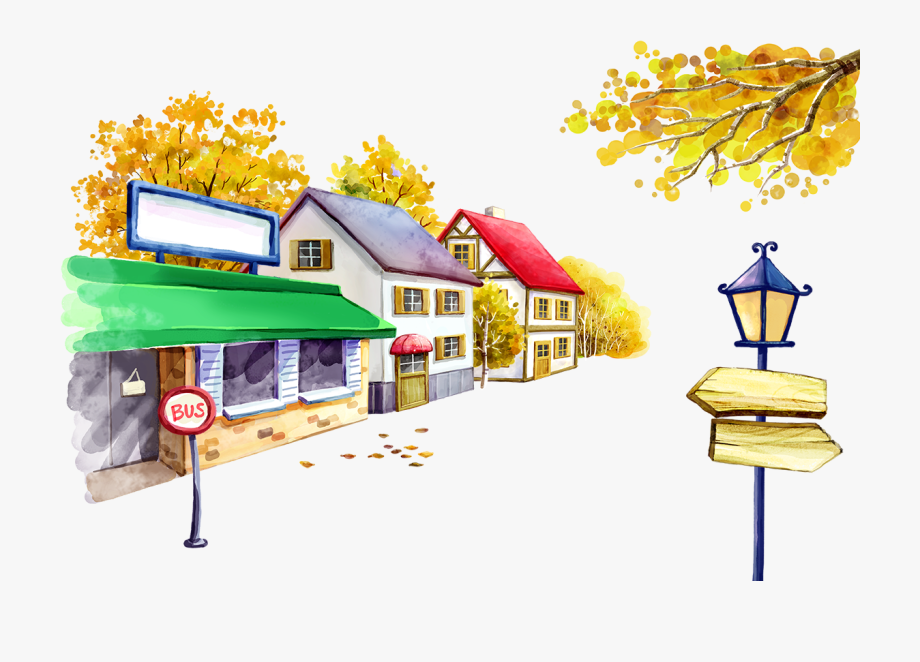 And Bus Stop Illustration Houses Street Cartoon Clipart