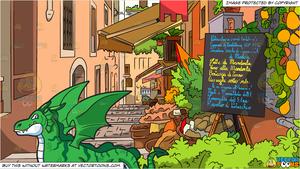 A Flying Dragon and European Village Street Lined With Cute Restaurants  Background