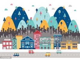Colorful City Street Scene IN Flat Design stock vectors