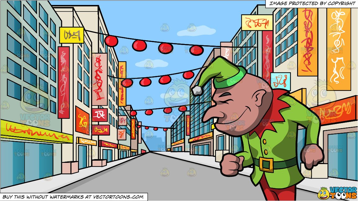 Side View Of A Happy Tough Elf and A Street In Chinatown During The Day  Background