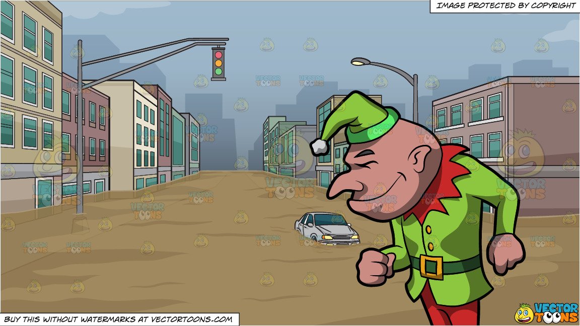 Side View Of A Happy Tough Elf and Flooded City Street Background