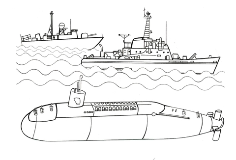 Submarine and warships.
