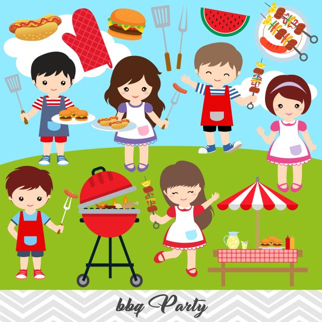 BBQ Digital Clip Art, Kids BBQ Clipart, Boys and Girls Summer Barbecue  Clipart,