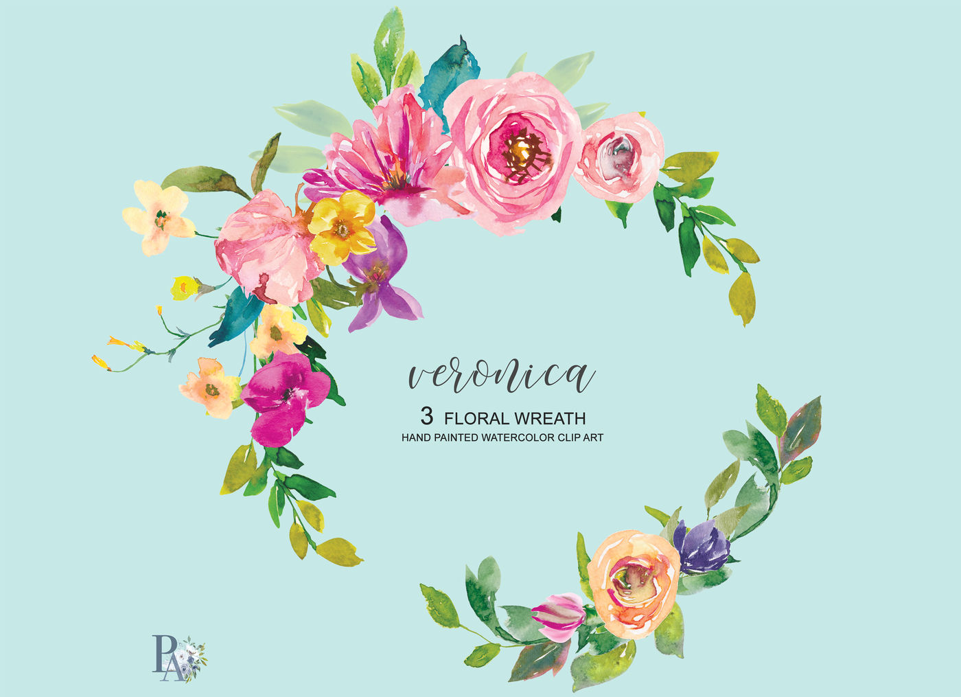 Watercolor Summer Flowers Wreath Set Colorful Wreath Clipart