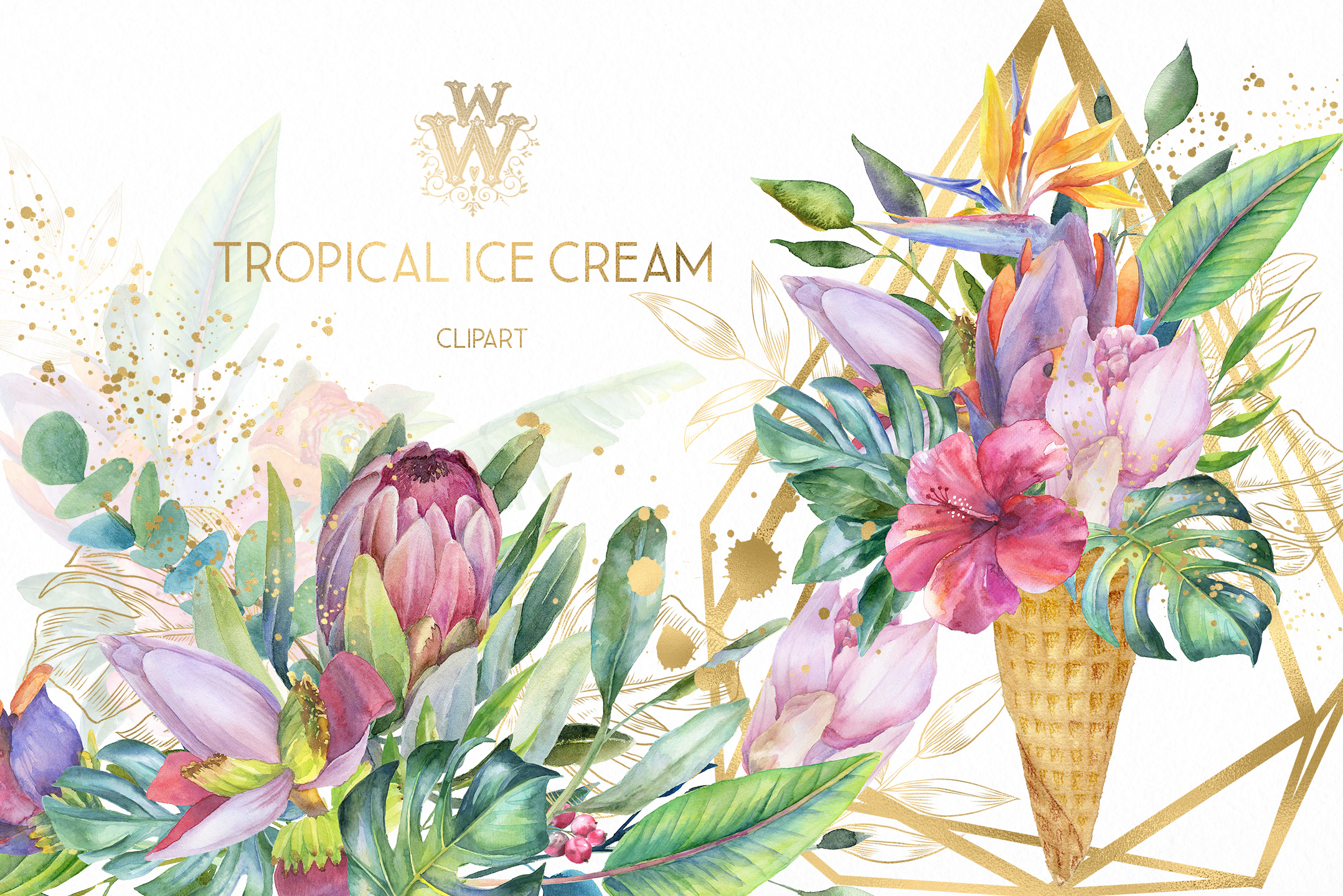 Watercolor summer tropical flower clipart, floral Ice Cream