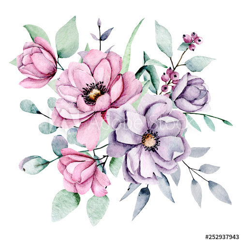 Summer flowers watercolor, pink and violet peonies