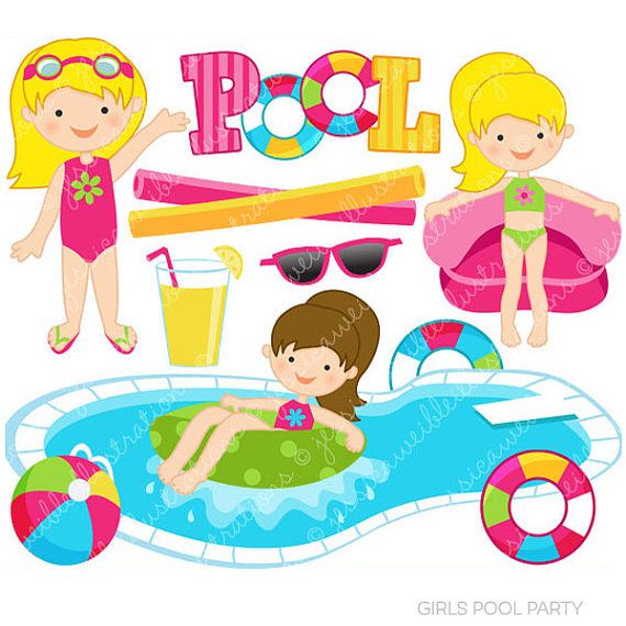 Girls Pool Party Cute Clipart, Pool Party Clip Art, Summer