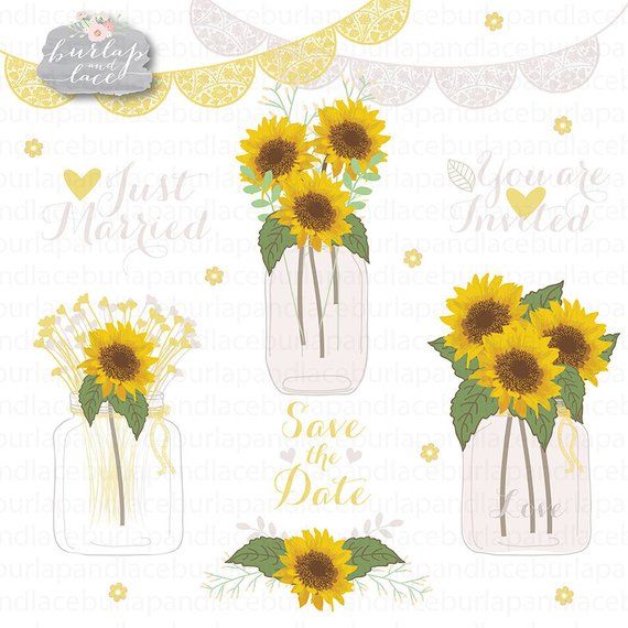 Sun flowers clipart, Wedding mason jar clipart, flower