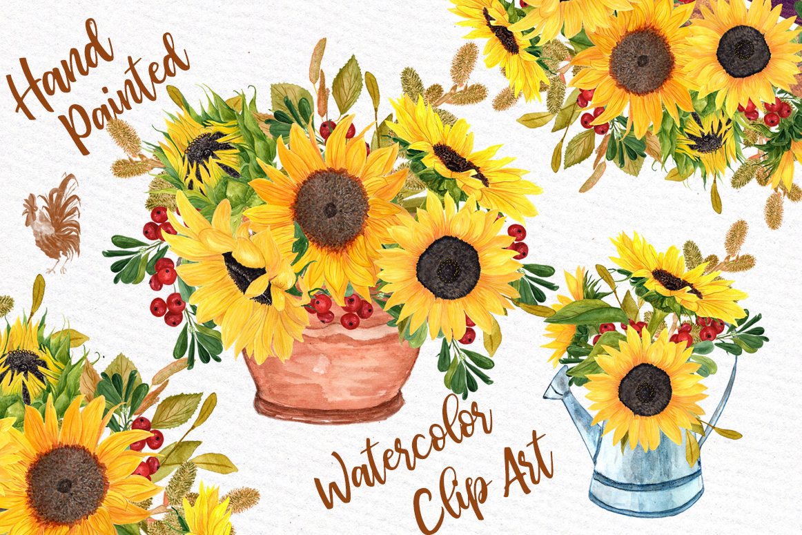 Watercolor clipart SUNFLOWER CLIPART Wedding invitations Wedding clipart  Floral Bouquets Yellow Flowers