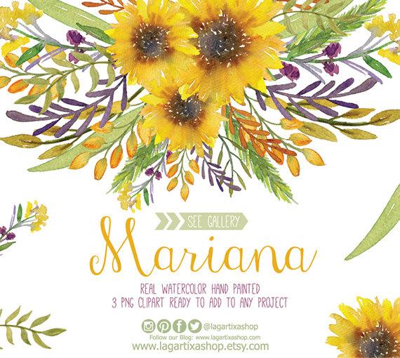 Watercolor Sunflower Clipart, Floral Frame PNG, Wedding