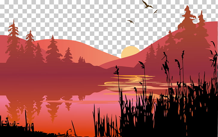 Sunset Lake , lake, red and black lake and forest