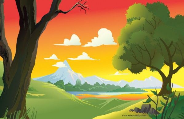 Forest Sunset Landscape Cartoon