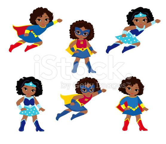 African American Cute superhero girl vector clip art set