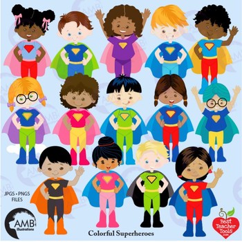 Superhero Kids Clipart, Multicultural Kids and Bursts, MEGA BUNDLE AMB