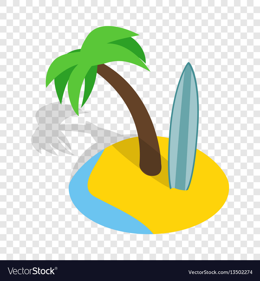 Seascape with palm trees and surfboard isometric