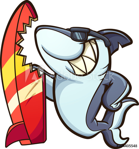 Cartoon shark with sunglasses and a bitten surfboard