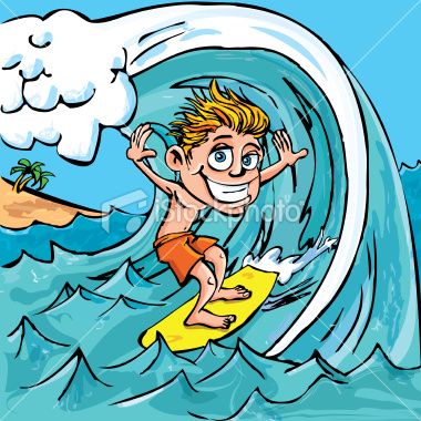 Cartoon surfer riding a big wave